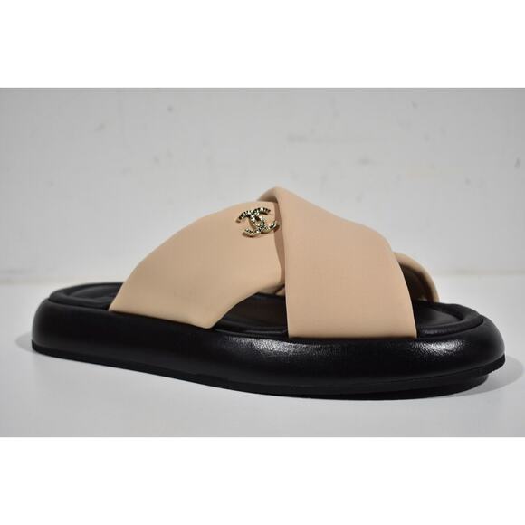 Chanel Beige Black Fabric Criss Cross Puffy CC Logo Slide Mule Sandal Flat 36 - Picture 4 of 12